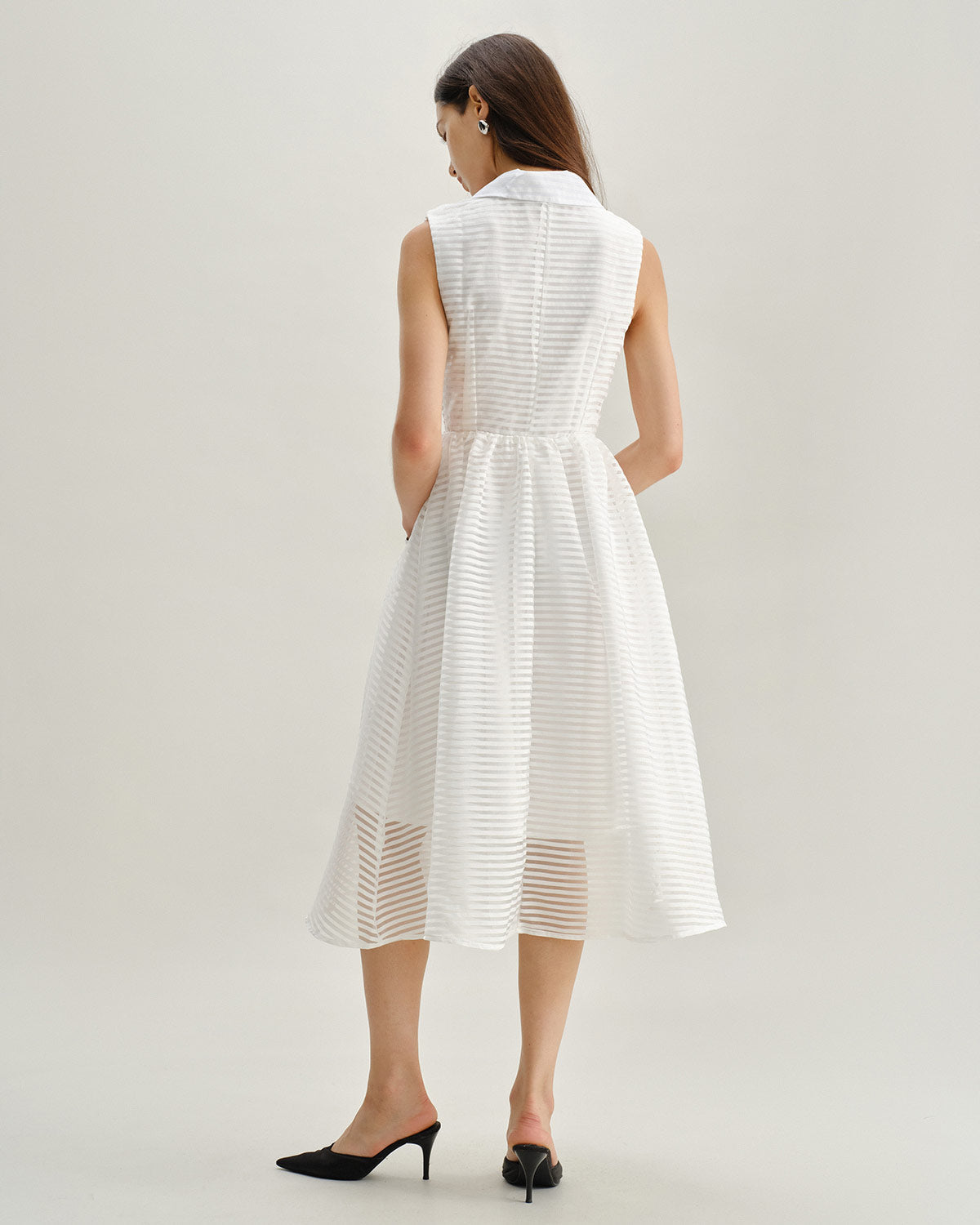 White Striped Sleeveless Midi Dress - Threadford