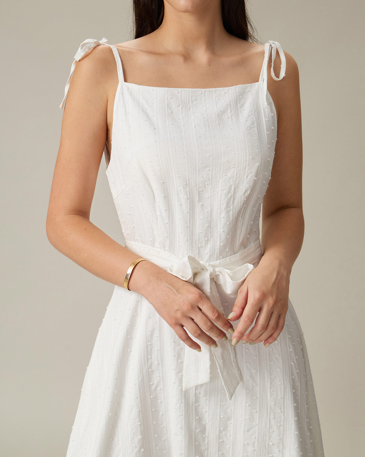 White Textured Square Neck Slip Midi Dress - Threadford
