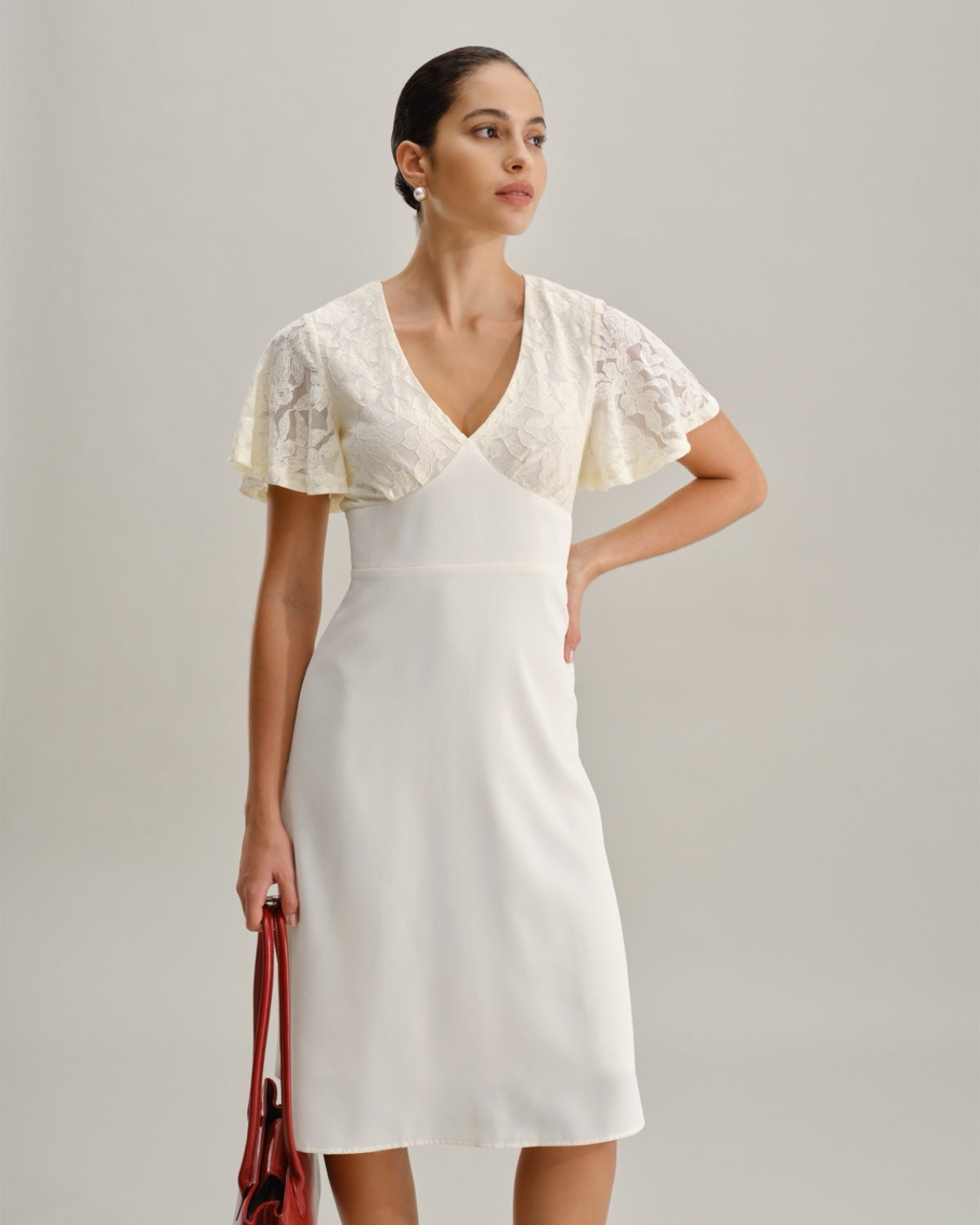 White Textured V-Neck Midi Dress - Threadford