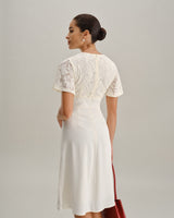 White Textured V-Neck Midi Dress - Threadford