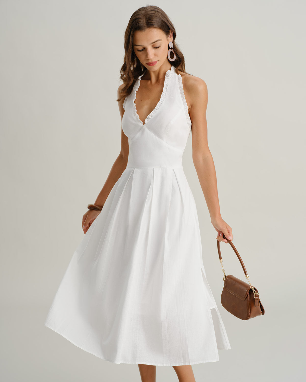 White V Neck Halter Sleeveless Midi Dress - Threadford