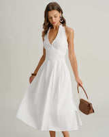 White V Neck Halter Sleeveless Midi Dress - Threadford