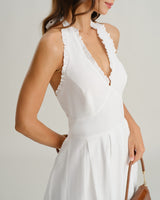 White V Neck Halter Sleeveless Midi Dress - Threadford