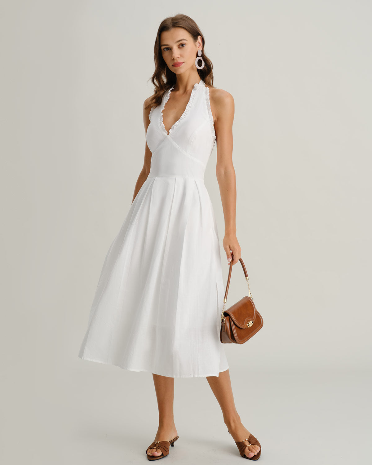 White V Neck Halter Sleeveless Midi Dress - Threadford