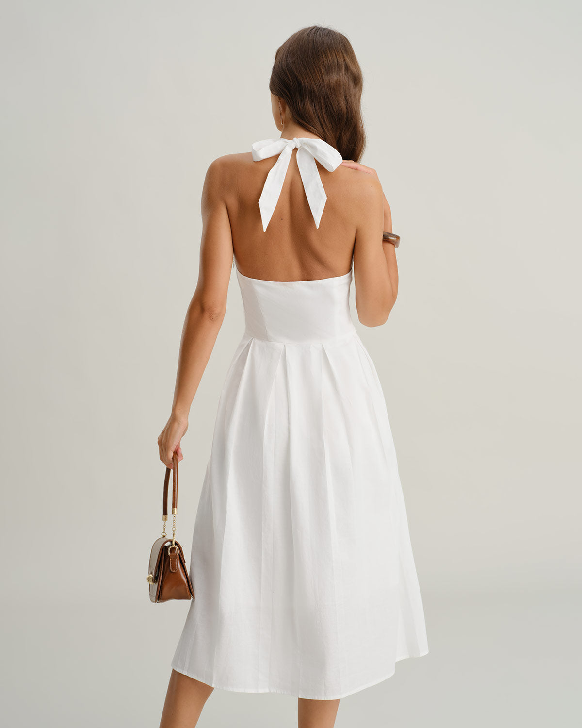 White V Neck Halter Sleeveless Midi Dress - Threadford