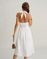White V Neck Halter Sleeveless Midi Dress - Threadford