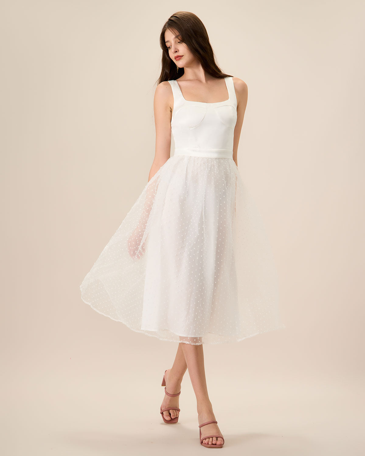 Women's White See-Through Splicing Midi Dress - Threadford