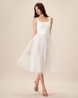 Women's White See-Through Splicing Midi Dress - Threadford