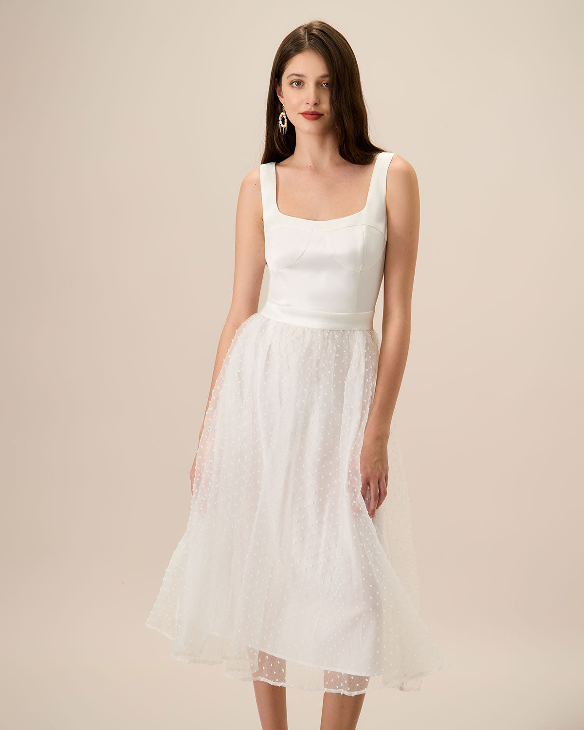 Women's White See-Through Splicing Midi Dress - Threadford