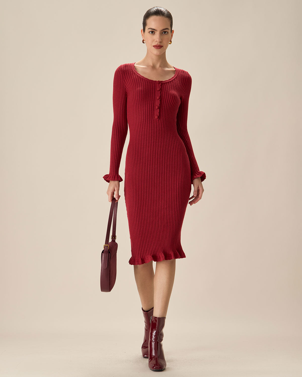 Red Bodycon Bell Sleeve Sweater Dress - Threadford