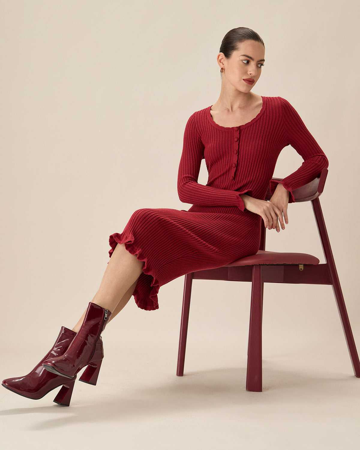 Red Bodycon Bell Sleeve Sweater Dress - Threadford