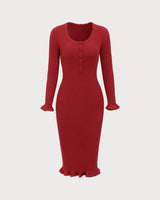 Red Bodycon Bell Sleeve Sweater Dress - Threadford