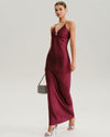 Wine Red Ruched V Neck Slip Maxi Dress - Threadford