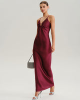 Wine Red Ruched V Neck Slip Maxi Dress - Threadford