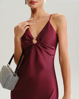 Wine Red Ruched V Neck Slip Maxi Dress - Threadford