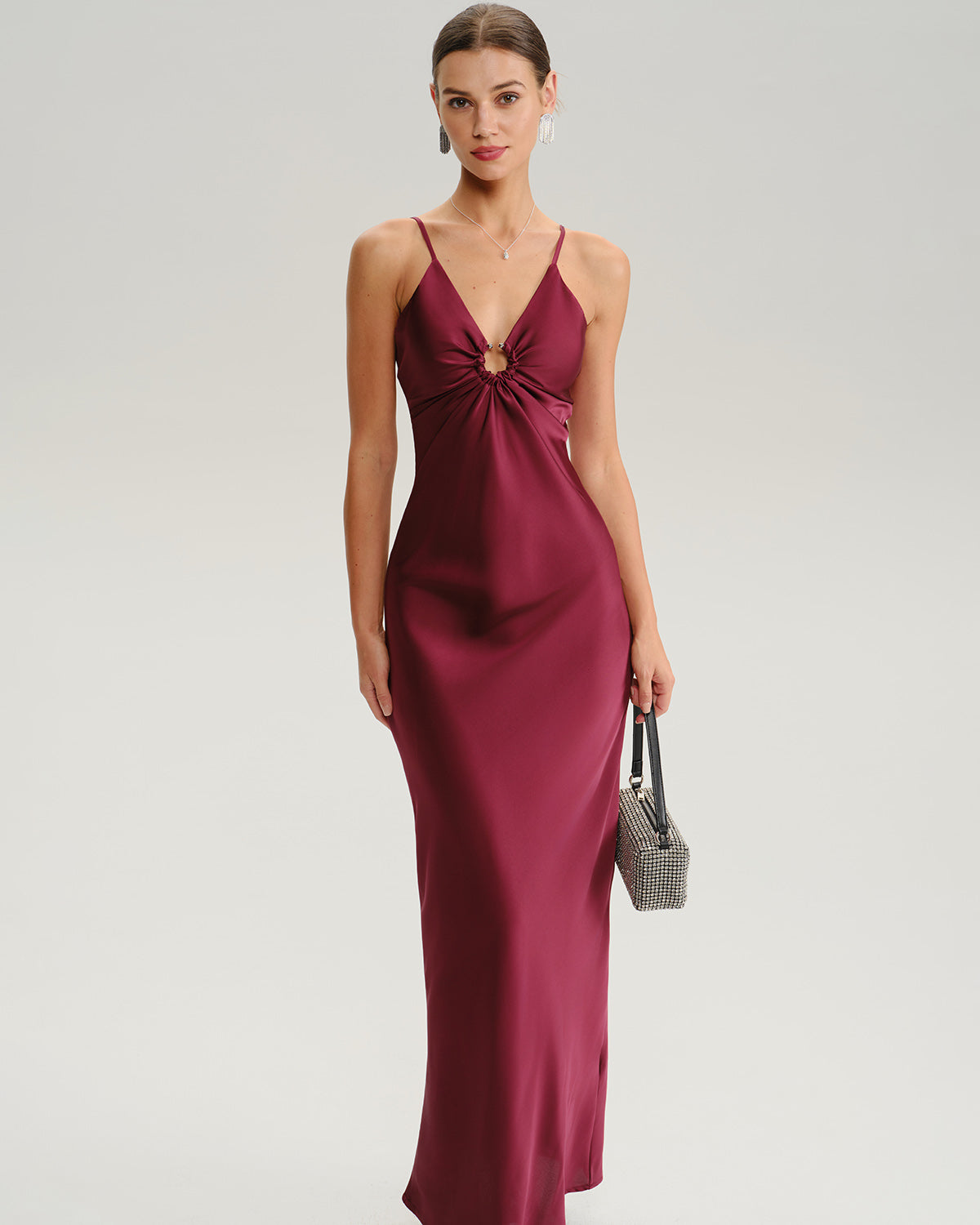 Wine Red Ruched V Neck Slip Maxi Dress - Threadford