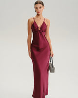 Wine Red Ruched V Neck Slip Maxi Dress - Threadford