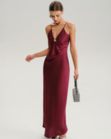 Wine Red Ruched V Neck Slip Maxi Dress - Threadford