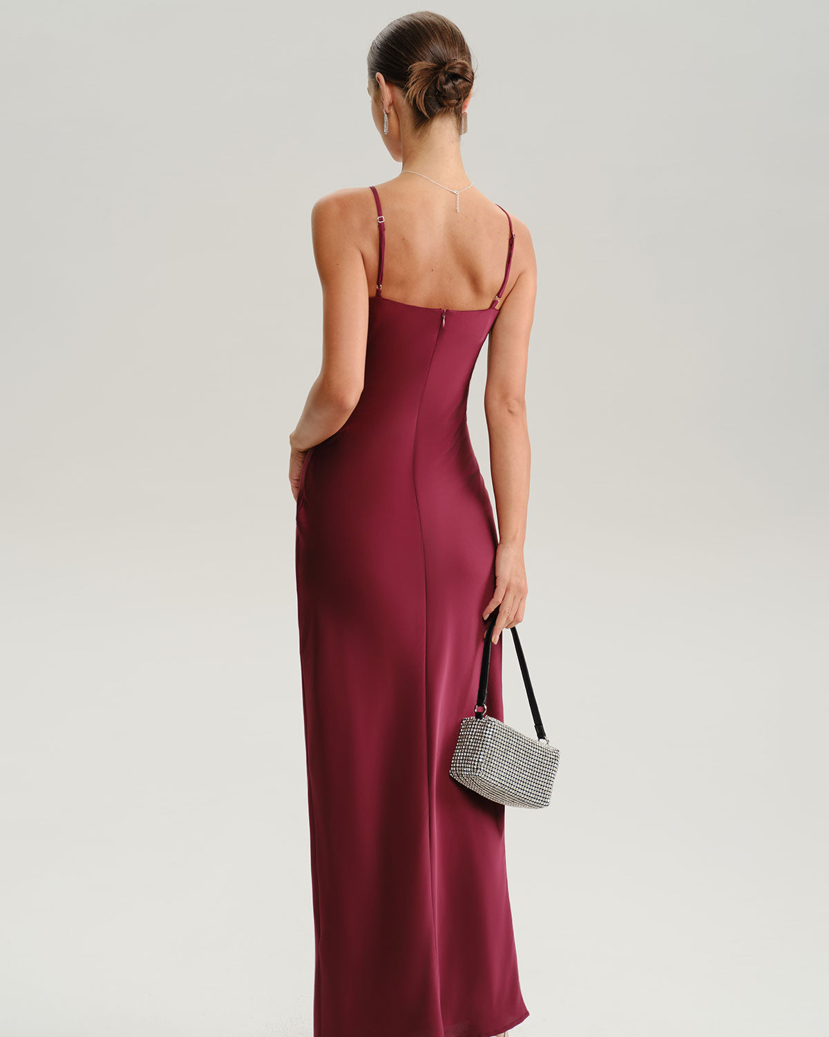 Wine Red Ruched V Neck Slip Maxi Dress - Threadford