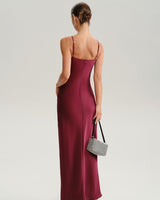 Wine Red Ruched V Neck Slip Maxi Dress - Threadford