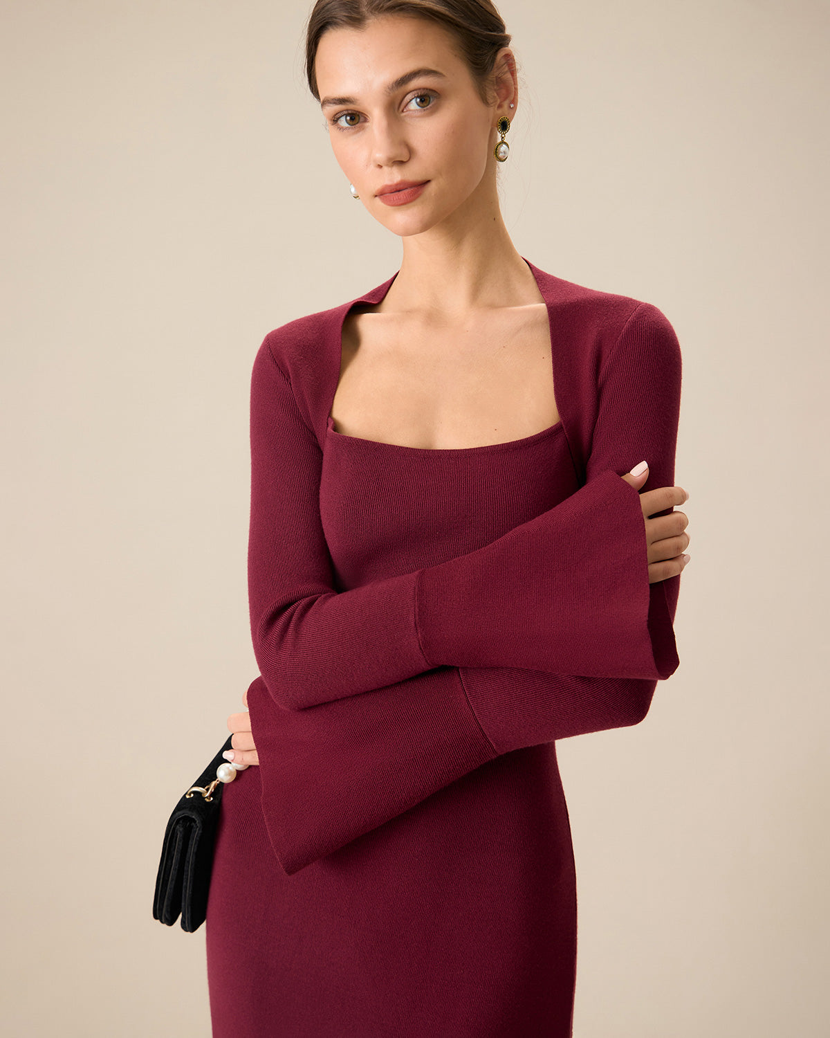 The Red Square Neck Flare Sleeve Midi Dress - Threadford