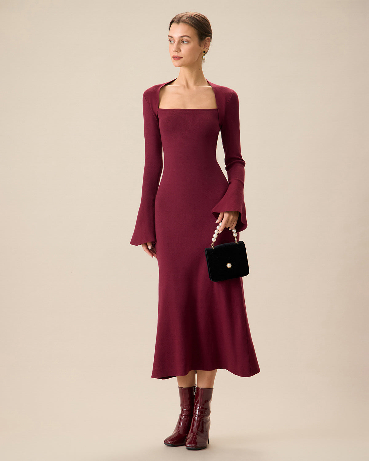 The Red Square Neck Flare Sleeve Midi Dress - Threadford
