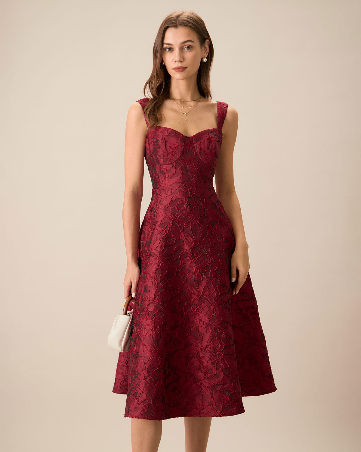 The Red Sweetheart Neck Jacquard Midi Dress - Threadford