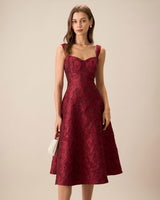 The Red Sweetheart Neck Jacquard Midi Dress - Threadford