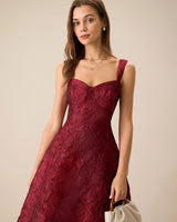 The Red Sweetheart Neck Jacquard Midi Dress - Threadford
