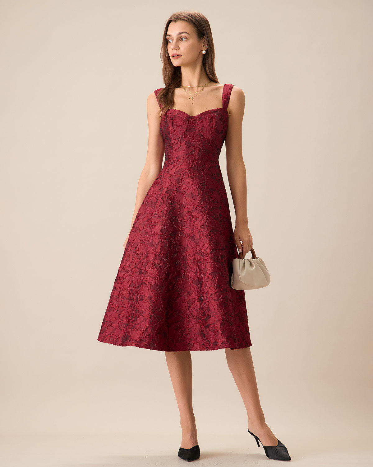 The Red Sweetheart Neck Jacquard Midi Dress - Threadford