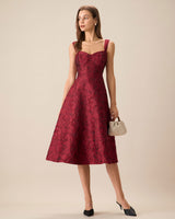 The Red Sweetheart Neck Jacquard Midi Dress - Threadford