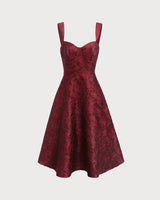 The Red Sweetheart Neck Jacquard Midi Dress - Threadford