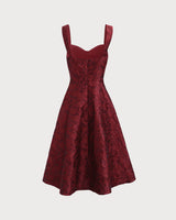 The Red Sweetheart Neck Jacquard Midi Dress - Threadford