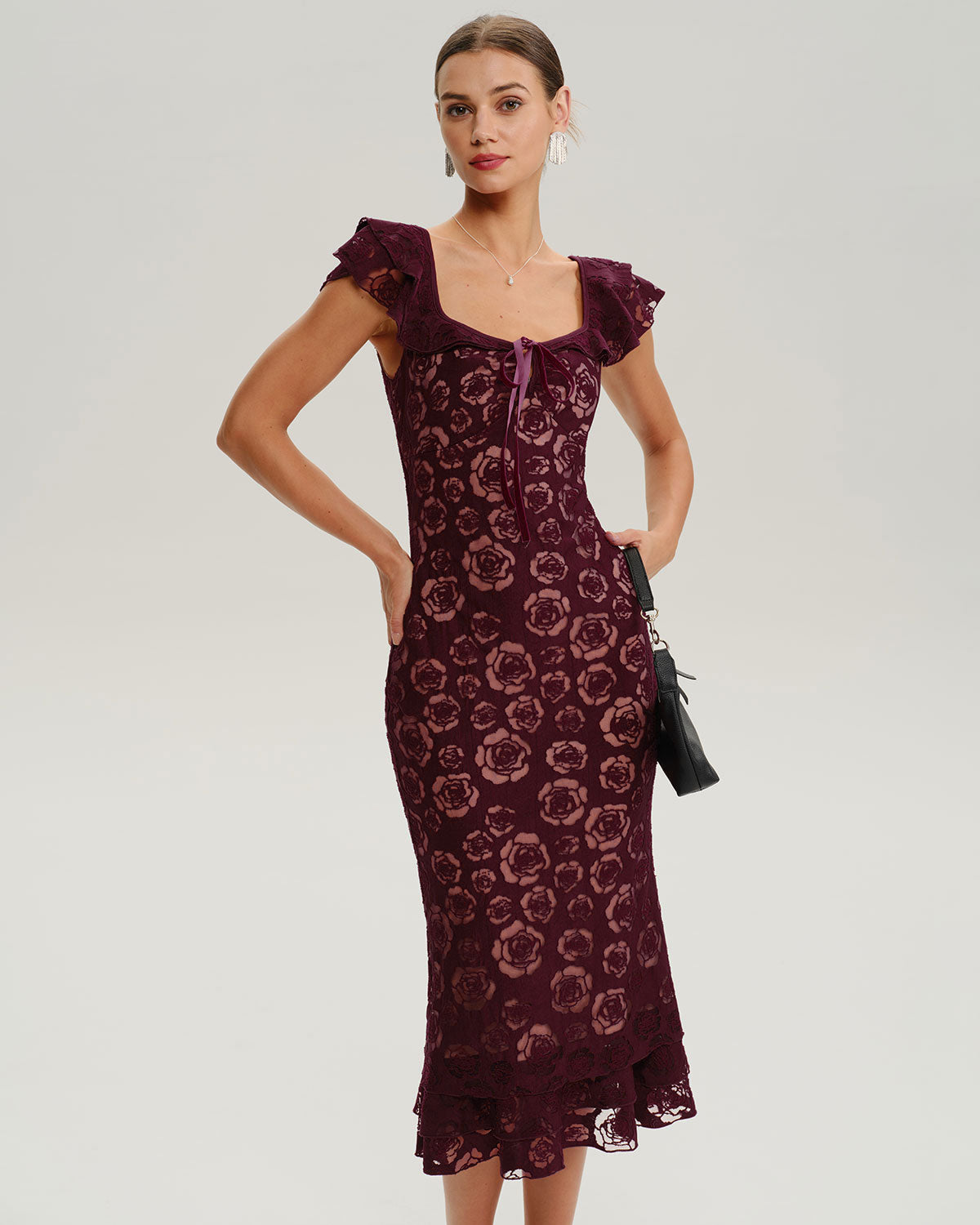Wine Red Floral Mermaid Midi Dress - Threadford