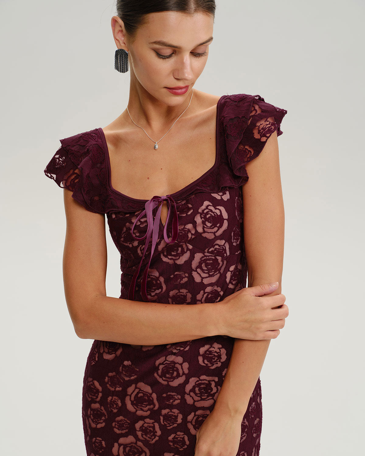 Wine Red Floral Mermaid Midi Dress - Threadford