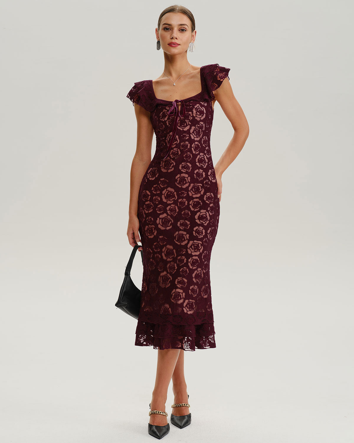 Wine Red Floral Mermaid Midi Dress - Threadford