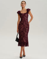 Wine Red Floral Mermaid Midi Dress - Threadford