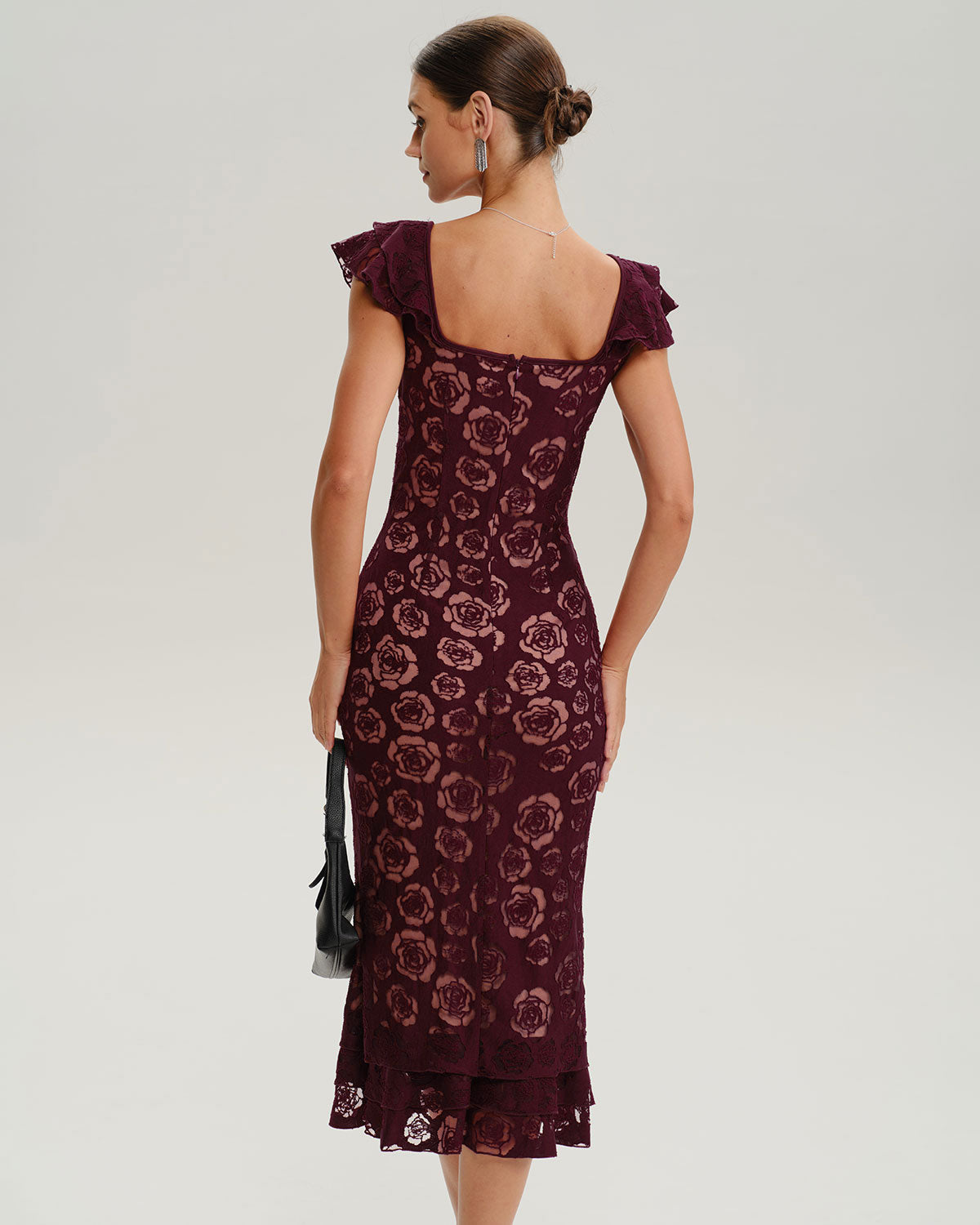 Wine Red Floral Mermaid Midi Dress - Threadford