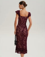 Wine Red Floral Mermaid Midi Dress - Threadford