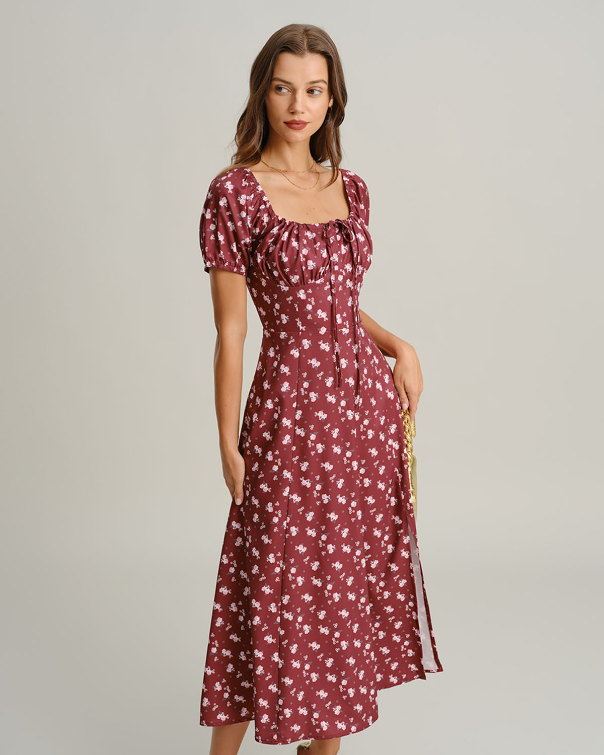 Wine Red Floral Square Neck Puffed Sleeve Midi Dress - Threadford