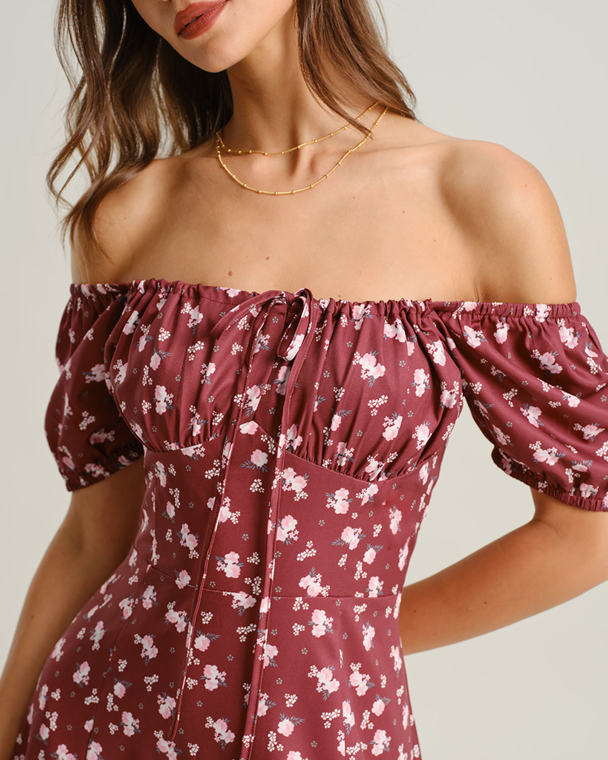 Wine Red Floral Square Neck Puffed Sleeve Midi Dress - Threadford