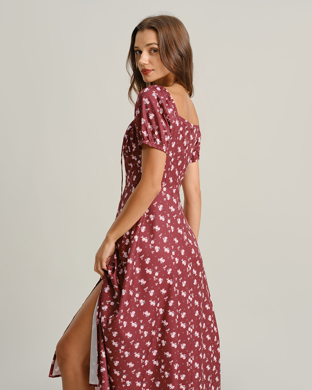 Wine Red Floral Square Neck Puffed Sleeve Midi Dress - Threadford
