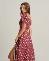 Wine Red Floral Square Neck Puffed Sleeve Midi Dress - Threadford