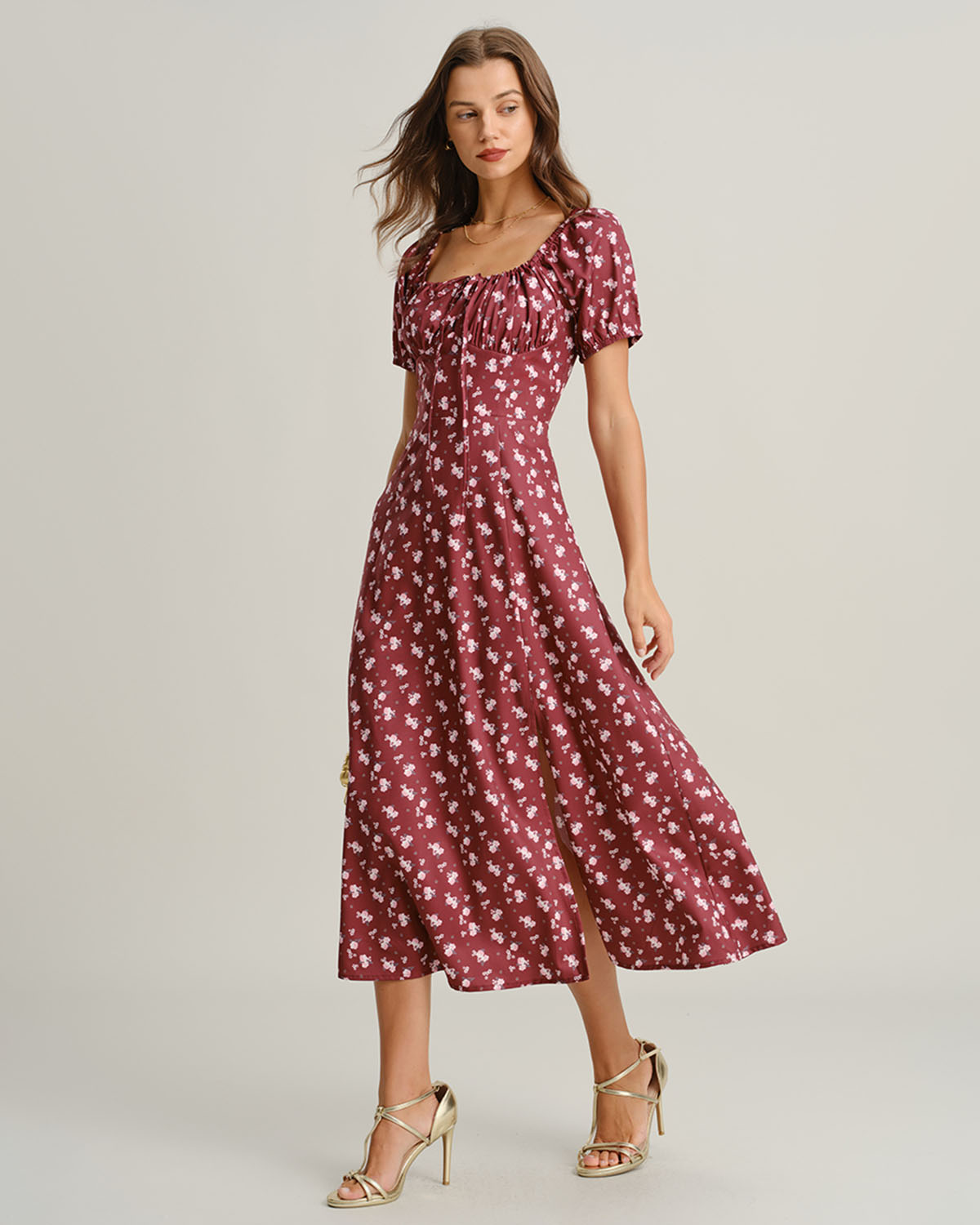Wine Red Floral Square Neck Puffed Sleeve Midi Dress - Threadford