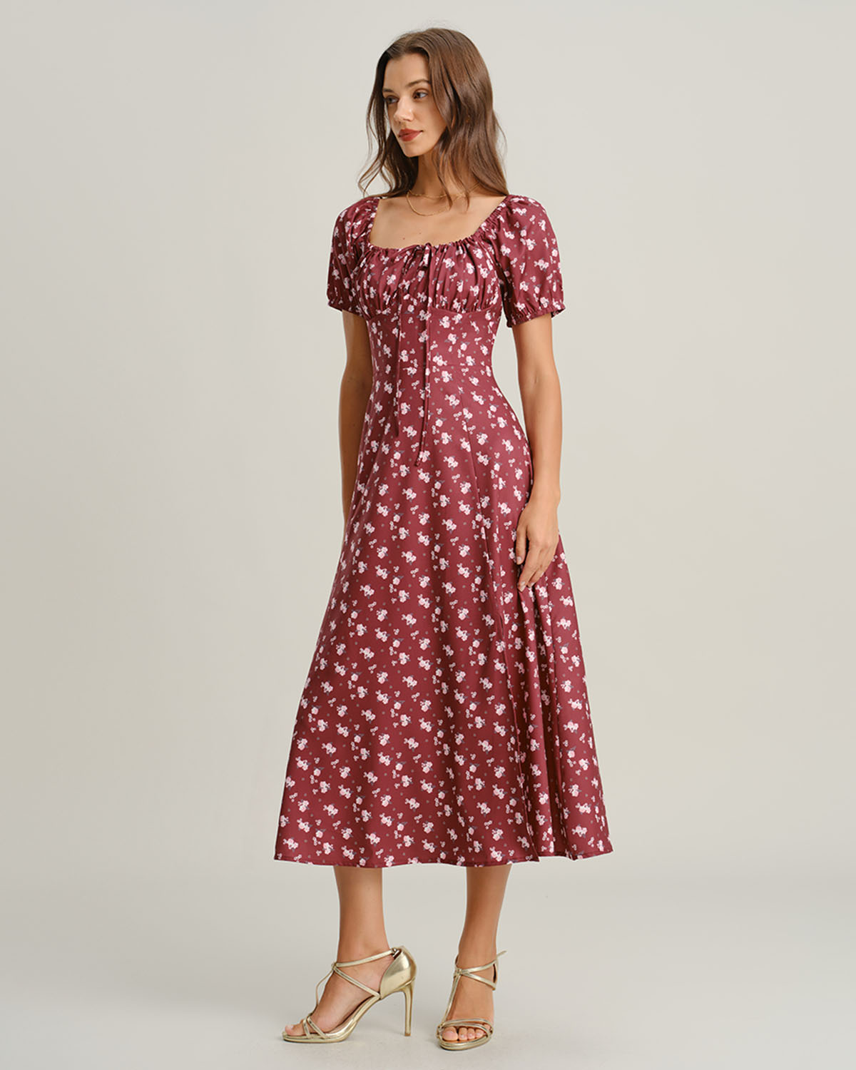 Wine Red Floral Square Neck Puffed Sleeve Midi Dress - Threadford