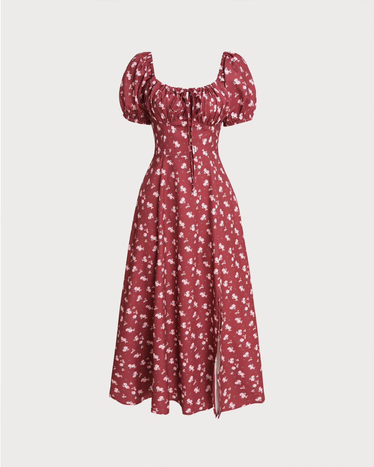 Wine Red Floral Square Neck Puffed Sleeve Midi Dress - Threadford
