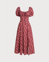 Wine Red Floral Square Neck Puffed Sleeve Midi Dress - Threadford