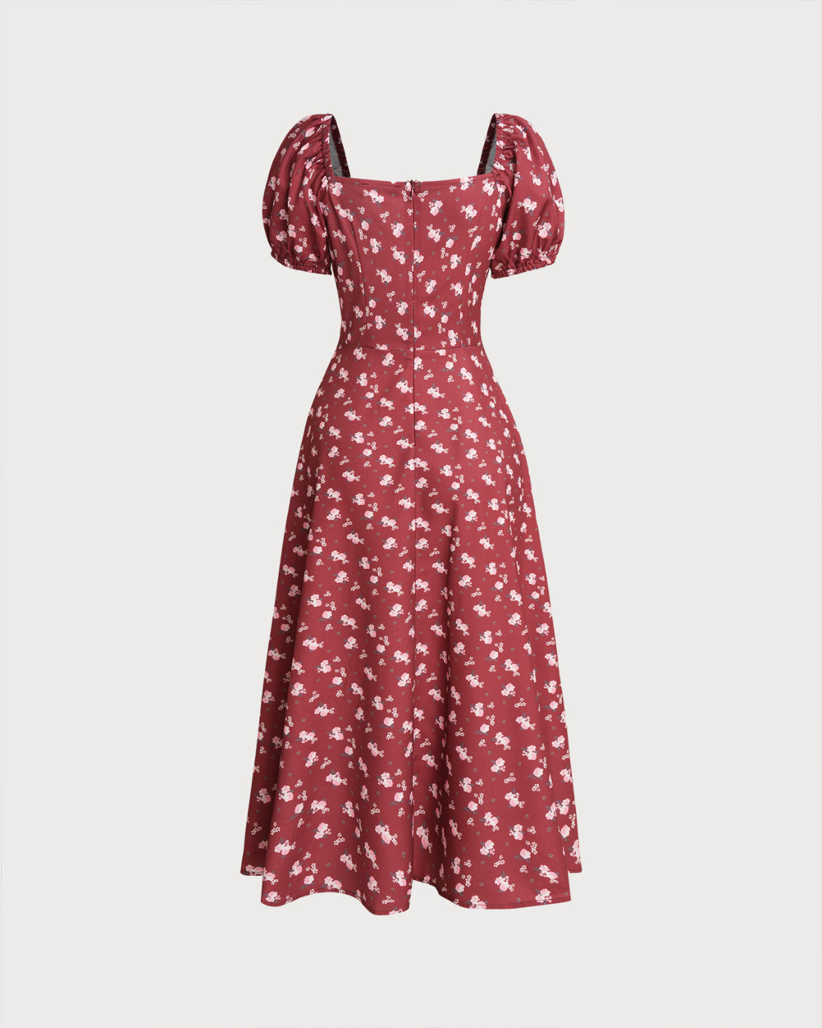 Wine Red Floral Square Neck Puffed Sleeve Midi Dress - Threadford