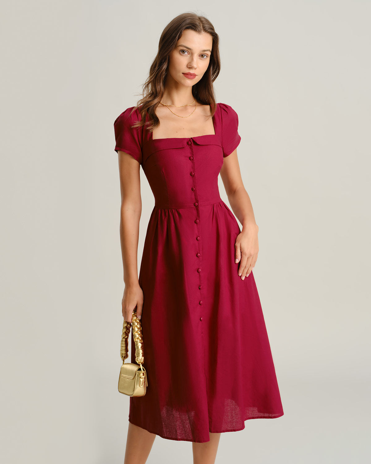 Wine Red Square Neck A-Line Midi Dress - Threadford