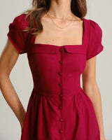 Wine Red Square Neck A-Line Midi Dress - Threadford